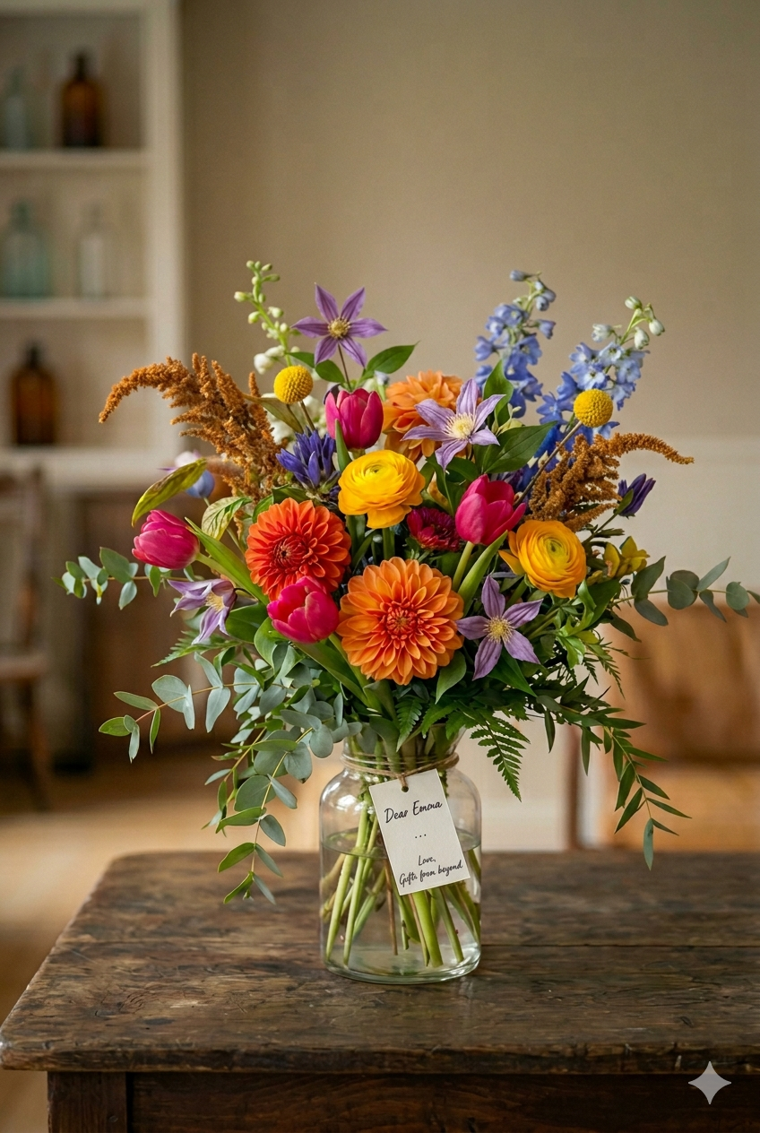A bouquet of fresh flowers with a handwritten note